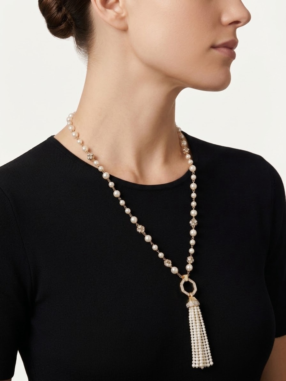 Ann Klein Long Pearl Tassel Necklace in Cream and Gold - Women Jewelry